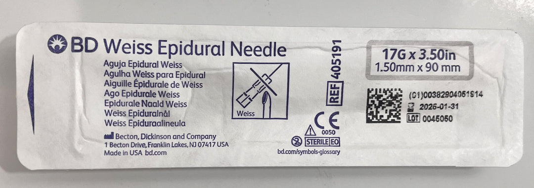 BD 405191 Weiss Epidural Needle with Fixed Wings, 17G x 3.5" (10ea/Box)