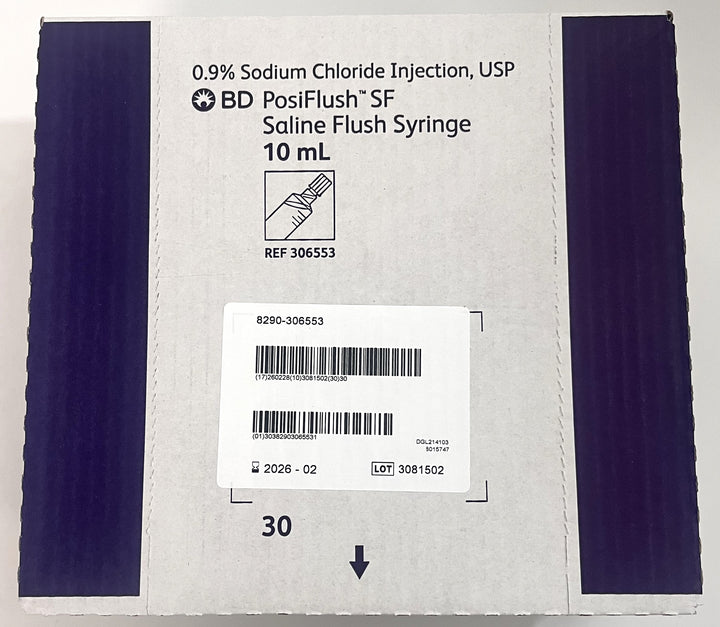 BD 306553 PosiFlush Normal Saline Flush Syringe 10mL (30-Pack)