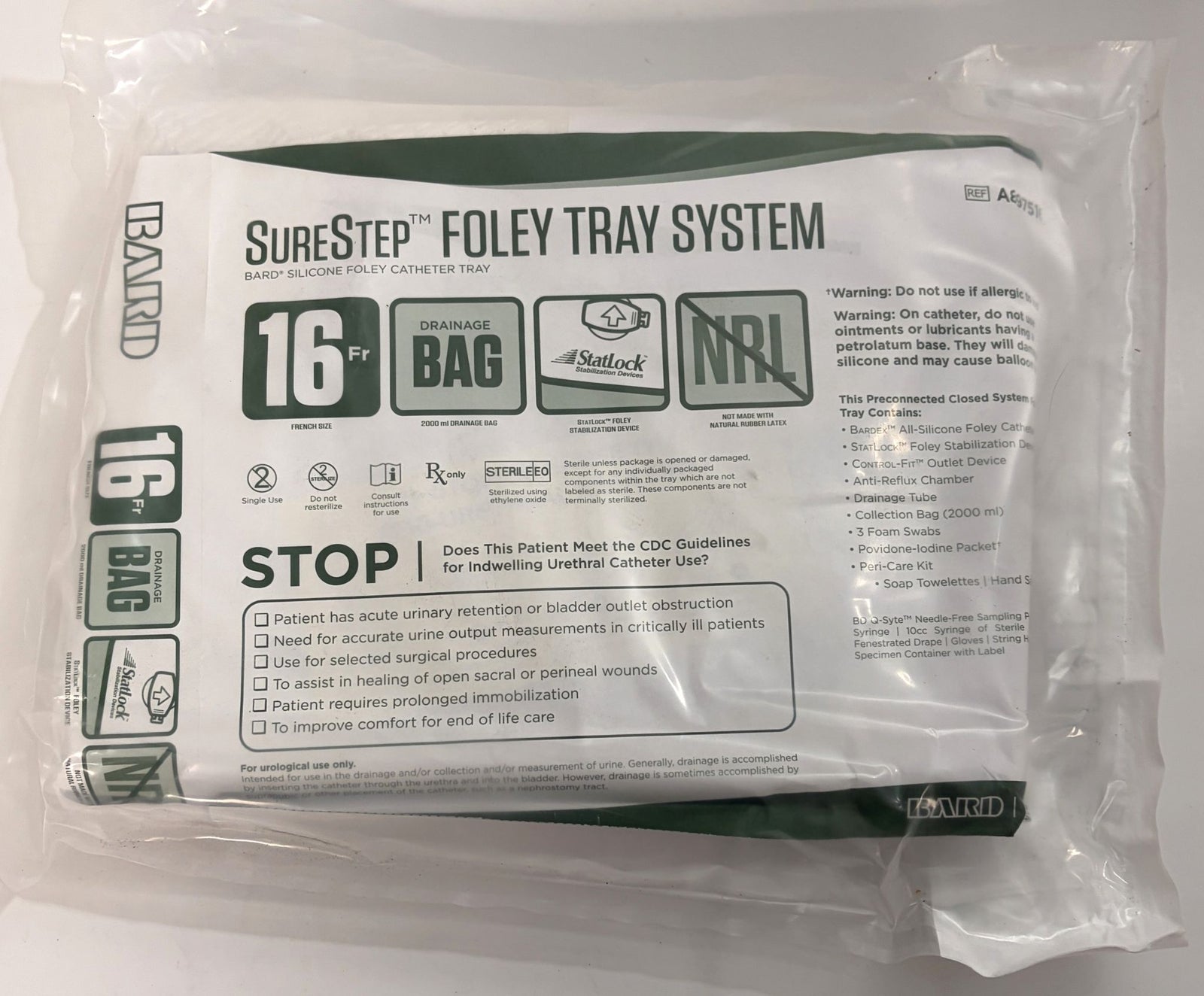 Sealed Bard SureStep Foley Tray System labeled 16 Fr with drainage bag and sterile catheterization supplies in clear packaging