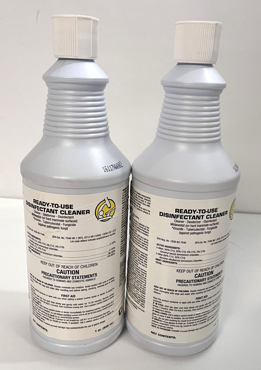 Two 1-quart bottles of Ready-To-Use Disinfectant Cleaner in a 2-pack, ideal for germ-free cleaning.