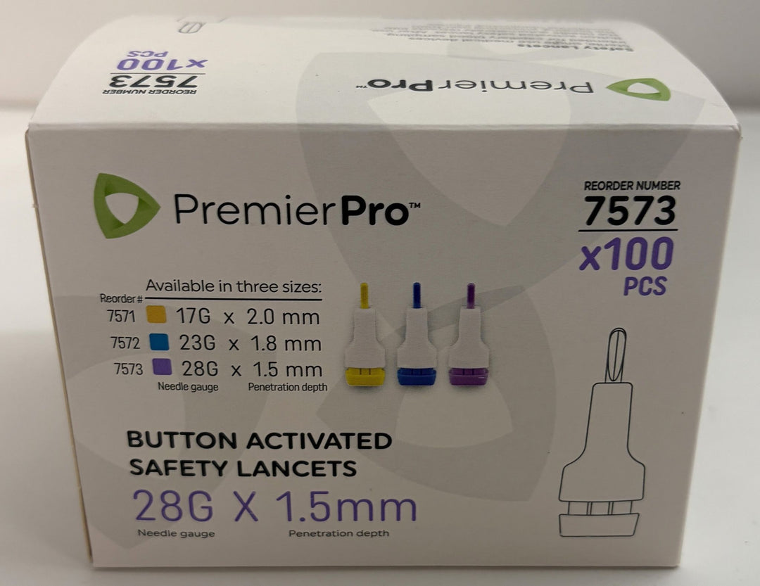 PremierPro 7573 Safety Lancets 28G x 1.5mm (100 Box) - Single &amp; Multi-Pack Bulk Lots
