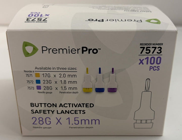 PremierPro 7573 Safety Lancets 28G x 1.5mm (100 Box) - Single &amp; Multi-Pack Bulk Lots