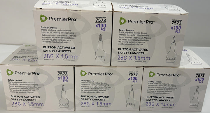 PremierPro 7573 Safety Lancets 28G x 1.5mm (100 Box) - Single &amp; Multi-Pack Bulk Lots