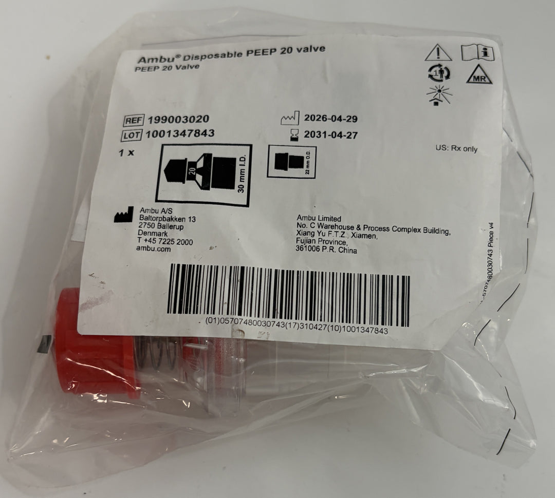Ambu disposable PEEP 20 valve in sealed clear medical packaging with red valve component visible and REF 199003020 label