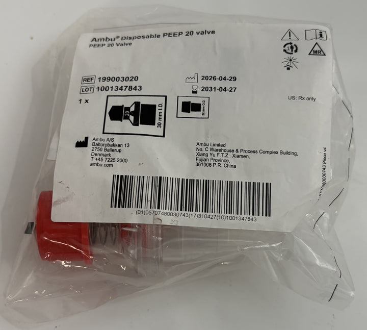 Ambu disposable PEEP 20 valve in sealed clear medical packaging with red valve component visible and REF 199003020 label