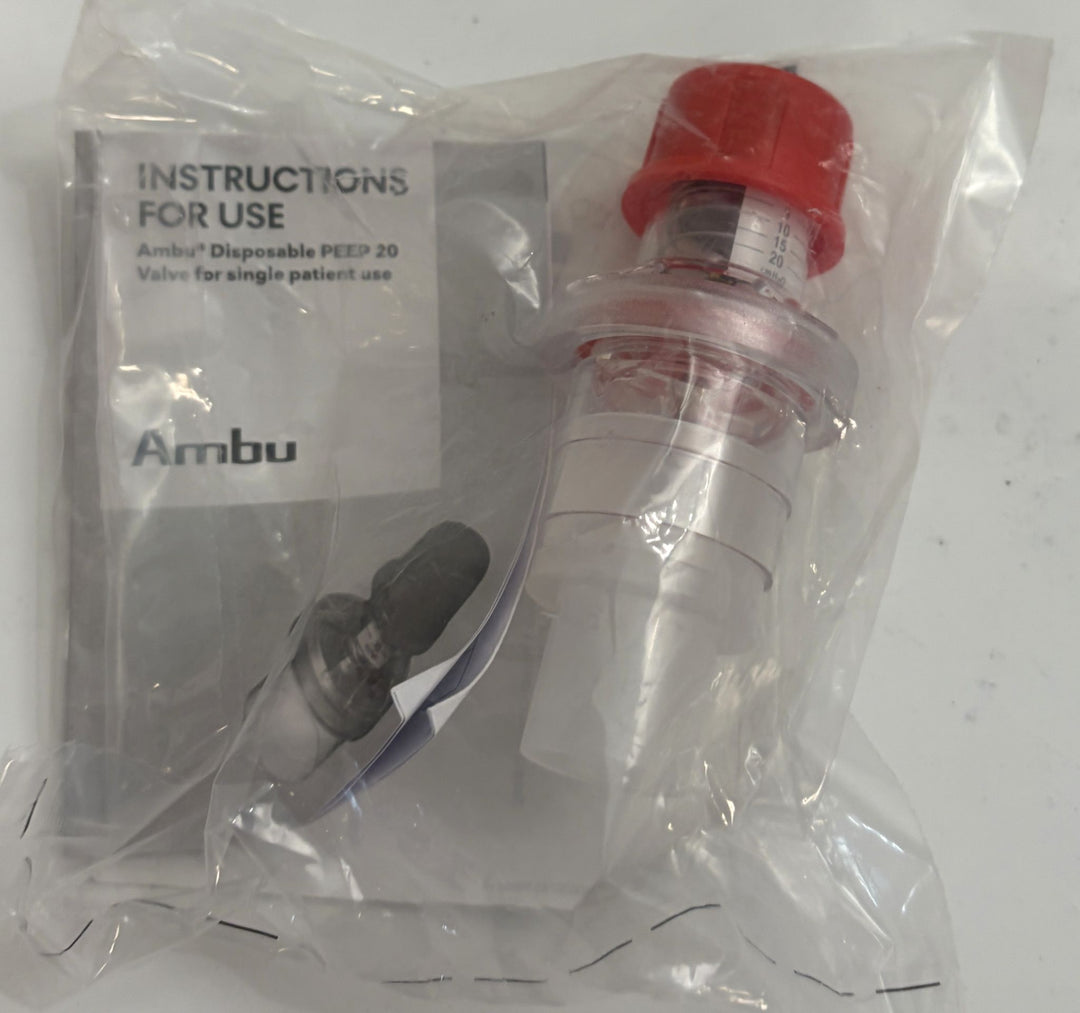 Sealed Ambu Disposable PEEP 20 valve for single patient use in clear packaging, with red cap and printed instructions