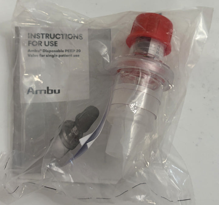 Sealed Ambu Disposable PEEP 20 valve for single patient use in clear packaging, with red cap and printed instructions
