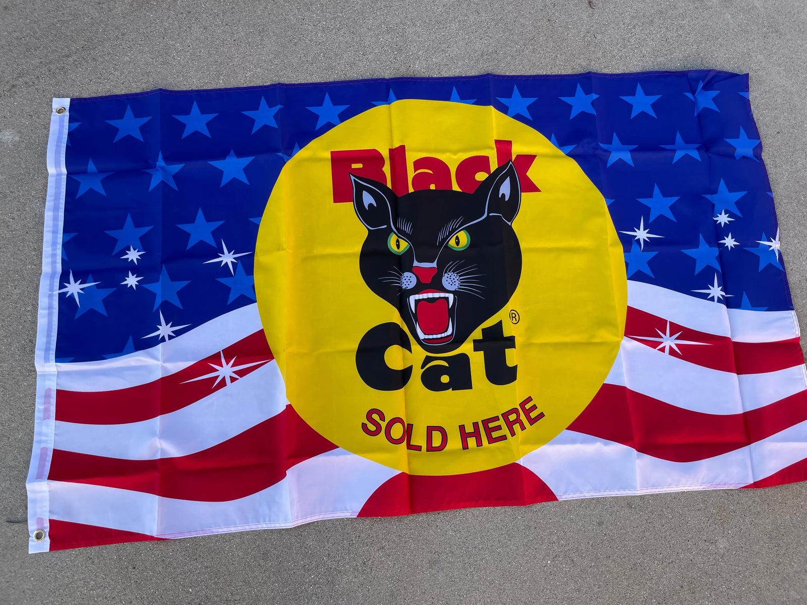 Black Cat "Sold Here" patriotic flag, 3'x5', 100% polyester, durable and vibrant design, perfect for indoor/outdoor display.