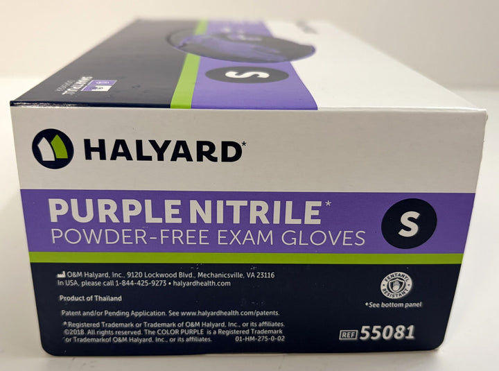 Halyard Purple Nitrile powder-free exam gloves packaging, size S, reference 55081, displayed on a white surface.