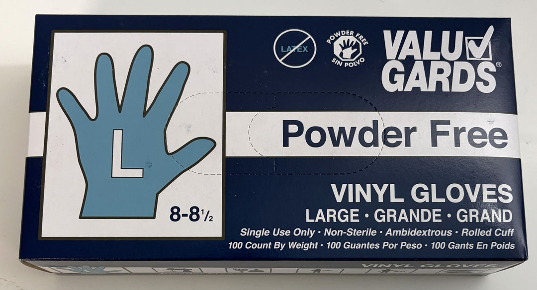 ValuGards powder-free vinyl gloves in large size, 100-count box with blue and white packaging, latex-free and suitable for food handling