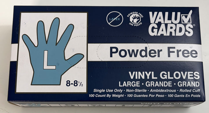 ValuGards powder-free vinyl gloves in large size, 100-count box with blue and white packaging, latex-free and suitable for food handling