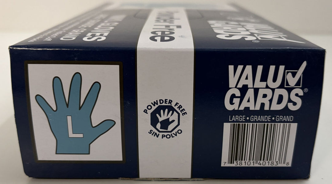 ValuGards powder free vinyl gloves, large size, food safe 1000 count case in navy and white packaging with hand icon and barcode