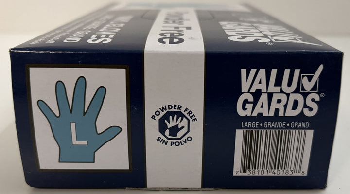 ValuGards powder free vinyl gloves, large size, food safe 1000 count case in navy and white packaging with hand icon and barcode