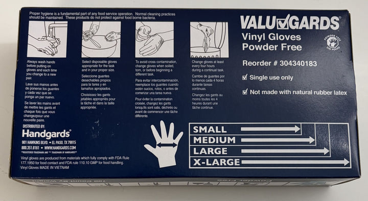 ValuGards powder-free vinyl gloves in large size, reorder 304340183, 1,000-count case for food handling and general use