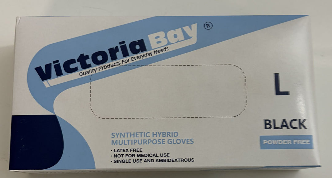 Victoria Bay synthetic hybrid multipurpose gloves box, large size, black, powder free, latex free, and ambidextrous, item 65993