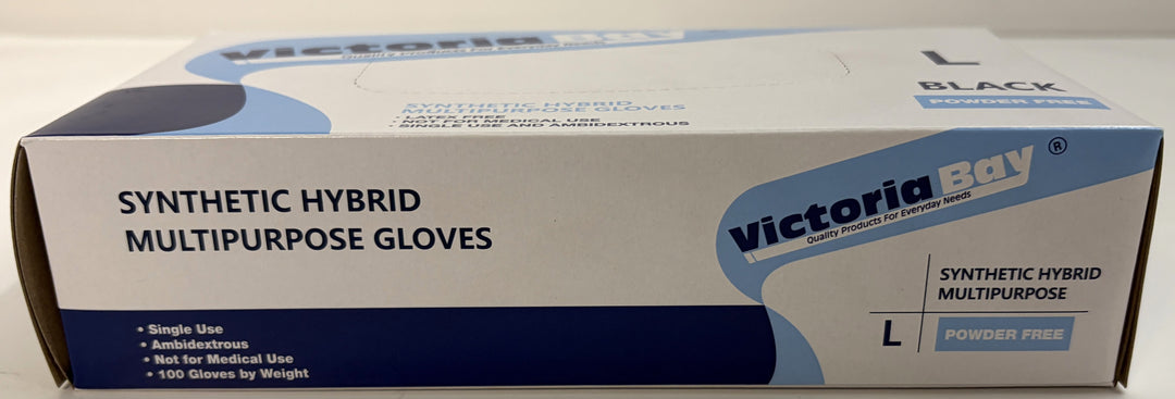 Victoria Bay black synthetic hybrid vitrile multipurpose gloves in a size L, powder-free box for janitorial and food service use