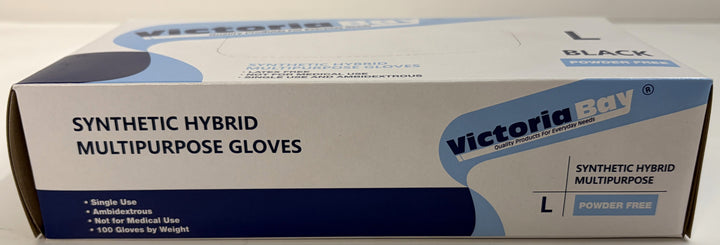 Victoria Bay black synthetic hybrid vitrile multipurpose gloves in a size L, powder-free box for janitorial and food service use