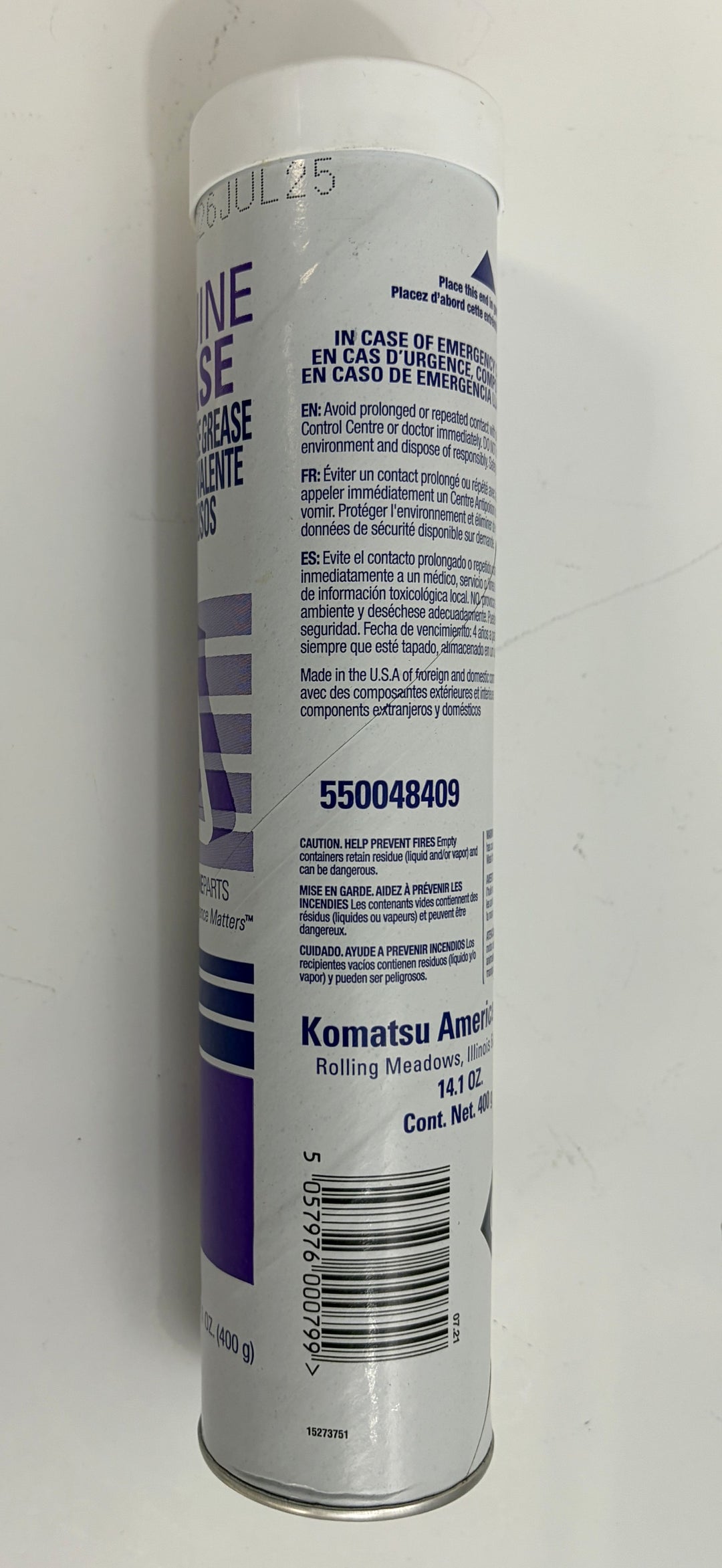 Komatsu Genuine Grease G2 L1 multipurpose EP lithium grease tube in white and purple packaging, 14.1 oz, part number 550048409 for industrial use