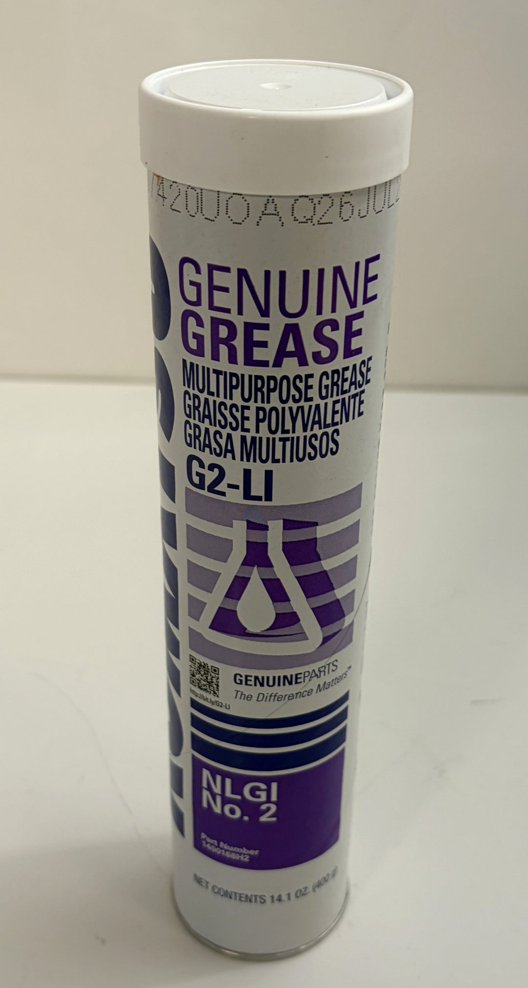 Komatsu Genuine Grease G2-L1 multipurpose lithium grease cartridge in white and purple packaging, NLGI No. 2, 14.1 oz