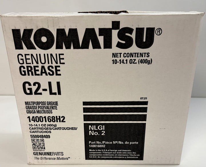 Komatsu Genuine Grease G2-L1 industrial grease box labeled NLGI No. 2 multipurpose grease with part number 1400168H2