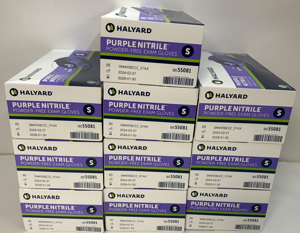 Stacked boxes of Halyard Purple Nitrile powder-free exam gloves in size small, with item number 55081 visible.