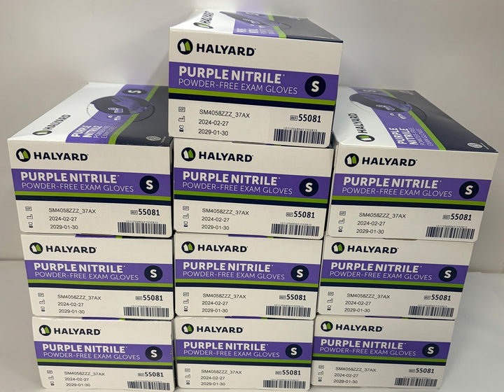 Stacked boxes of Halyard Purple Nitrile powder-free exam gloves in size small, with item number 55081 visible.