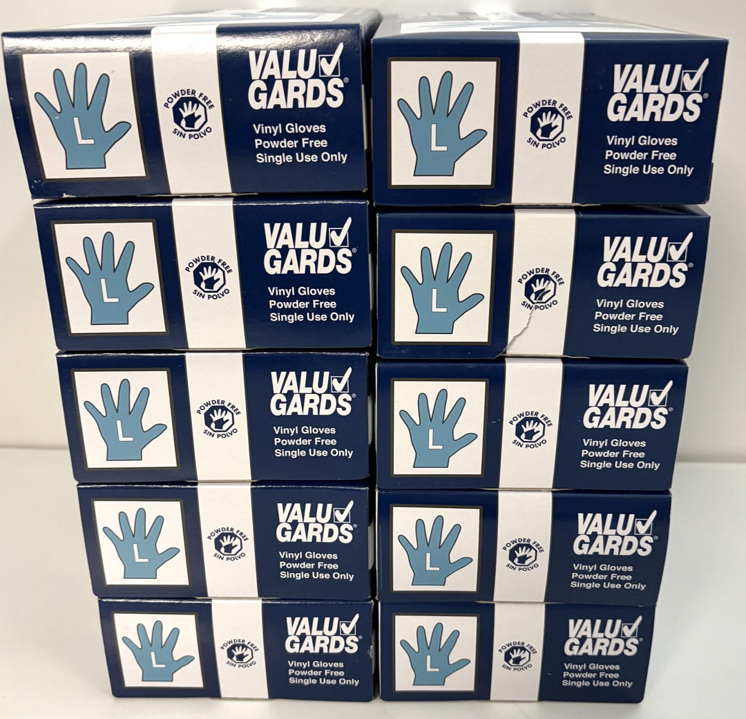 ValuGards powder-free vinyl gloves in size Large, stacked in blue and white boxes, full case of 1,000 for food handling and general use