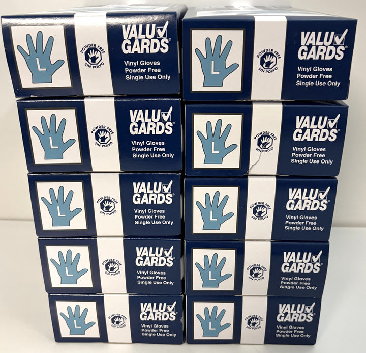 ValuGards powder-free vinyl gloves in size Large, stacked in blue and white boxes, full case of 1,000 for food handling and general use