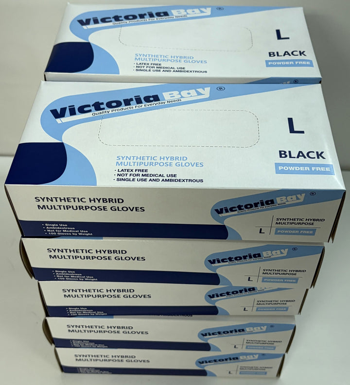 Stacked Victoria Bay synthetic hybrid multipurpose gloves boxes, large size L, black powder free gloves for food preparation and janitorial use