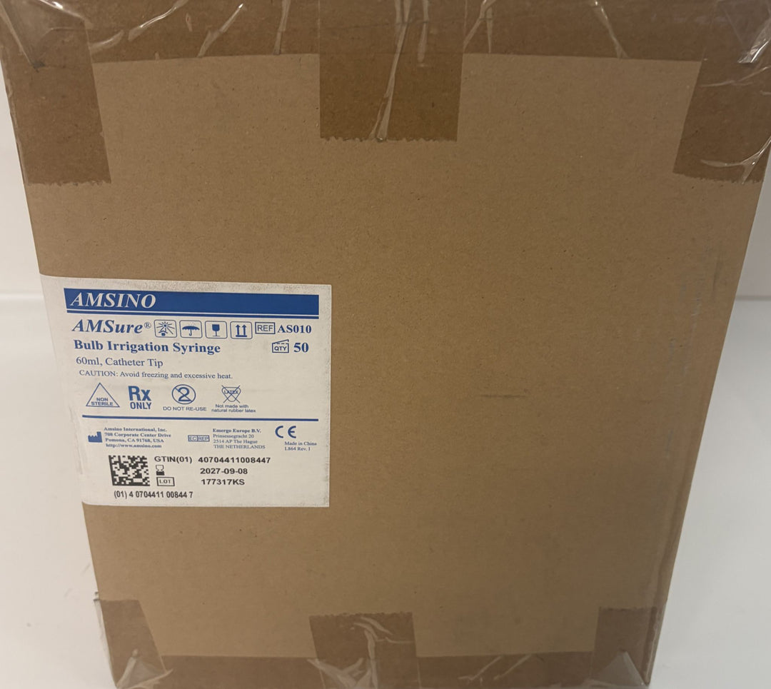 Amsino AmSure 60 mL bulb irrigation syringe carton with medical packaging label, handling symbols, and sealed brown cardboard exterior