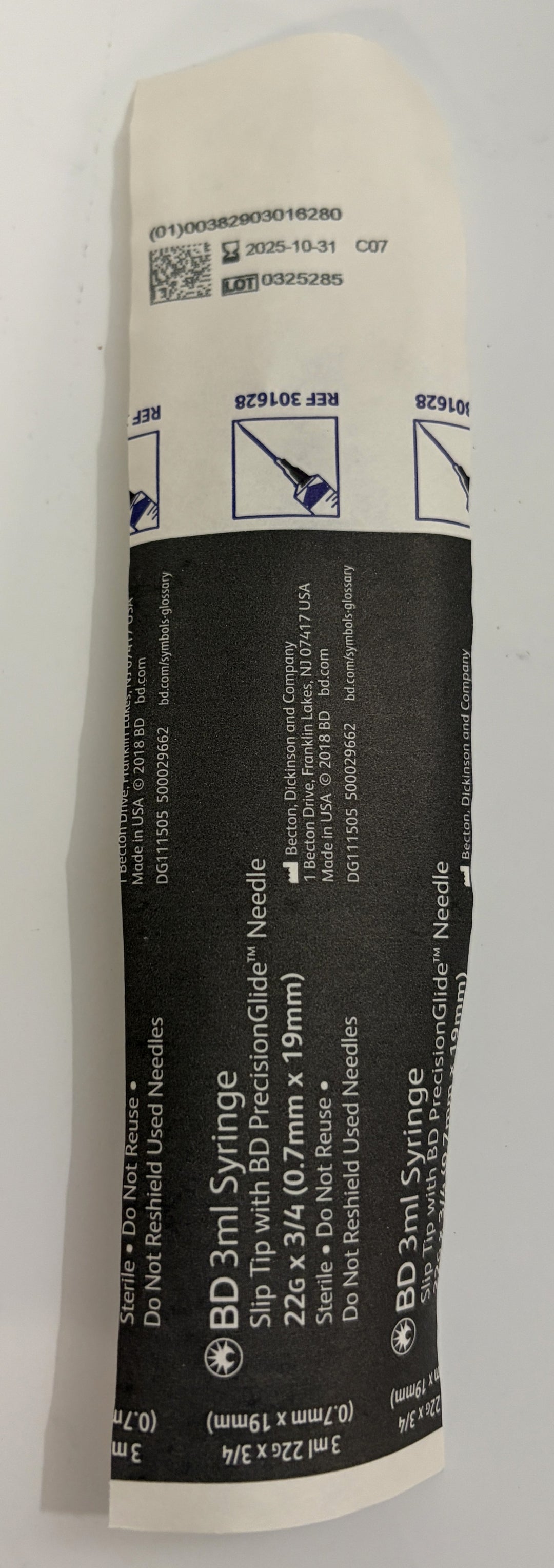BD 3 mL slip tip syringe with 22 gauge by three quarter inch needle in sealed sterile packaging for training use