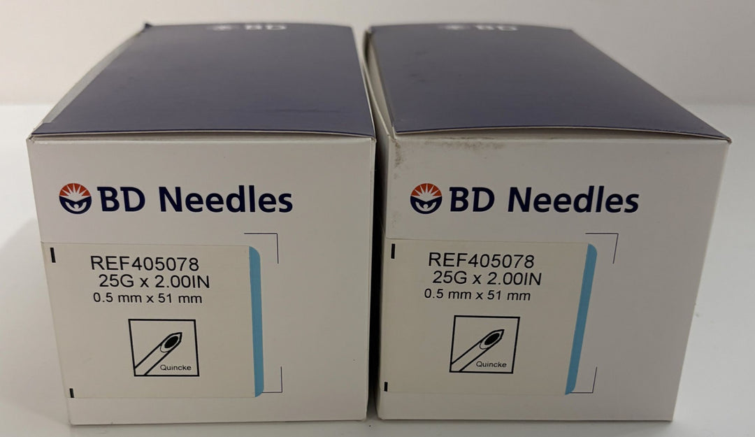 Two BD Needles boxes labeled REF 405078 with 25G x 2 inch spinal needles and 0.5 mm x 51 mm size markings