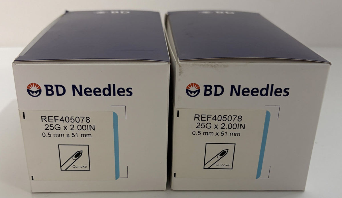 Two BD Needles boxes labeled REF 405078 with 25G x 2 inch spinal needles and 0.5 mm x 51 mm size markings