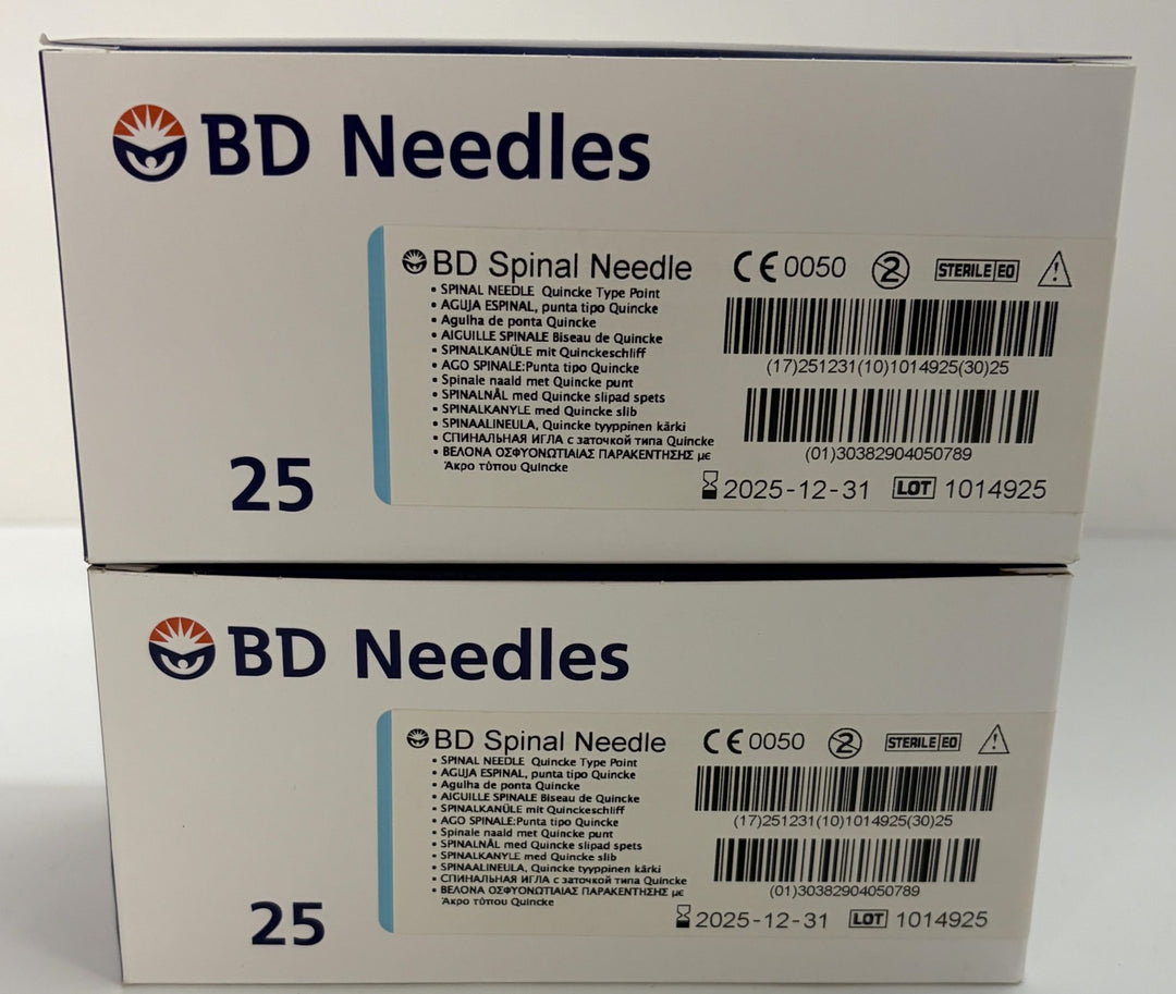 Two unopened BD Spinal Needle boxes containing sterile 25 gauge 2 inch needles for medical use, with 25 needles labeled on each box