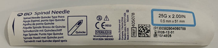 BD sterile spinal needle package with Quincke point, 25 gauge by 2 inch, 25G x 2.00in, reference 405078