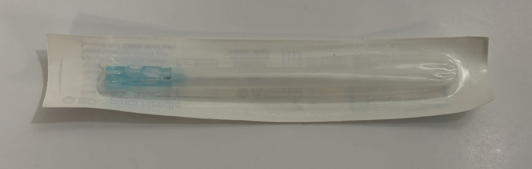 BD sterile spinal needle, 25 gauge by 2 inch, sealed in an individual clear medical packaging sleeve for clinical use