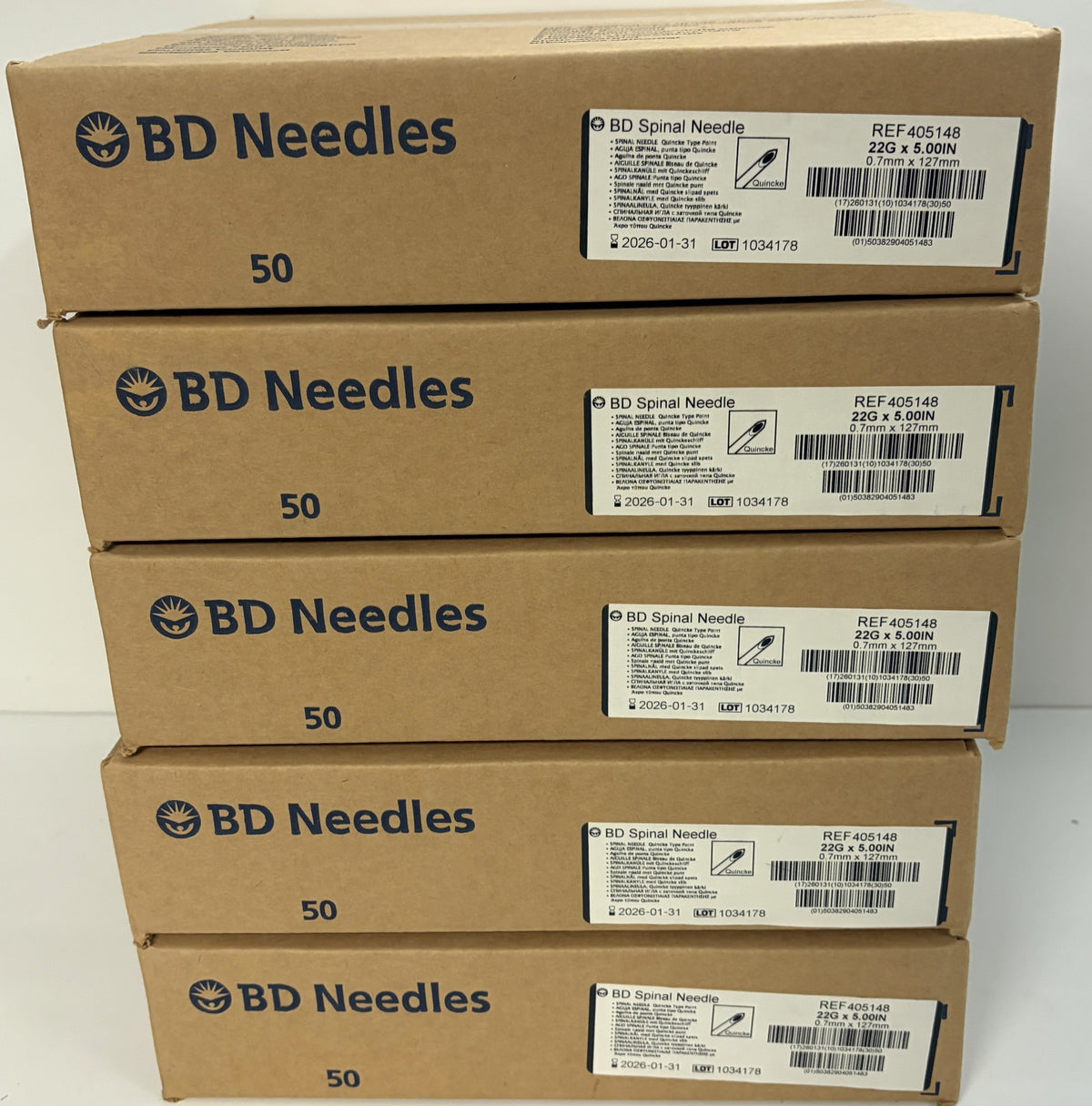 Stack of brown BD Needles cartons labeled REF 405148 sterile spinal needles for medical use