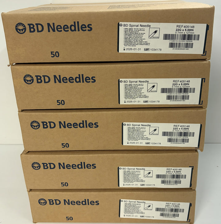 Stack of brown BD Needles cartons labeled REF 405148 sterile spinal needles for medical use