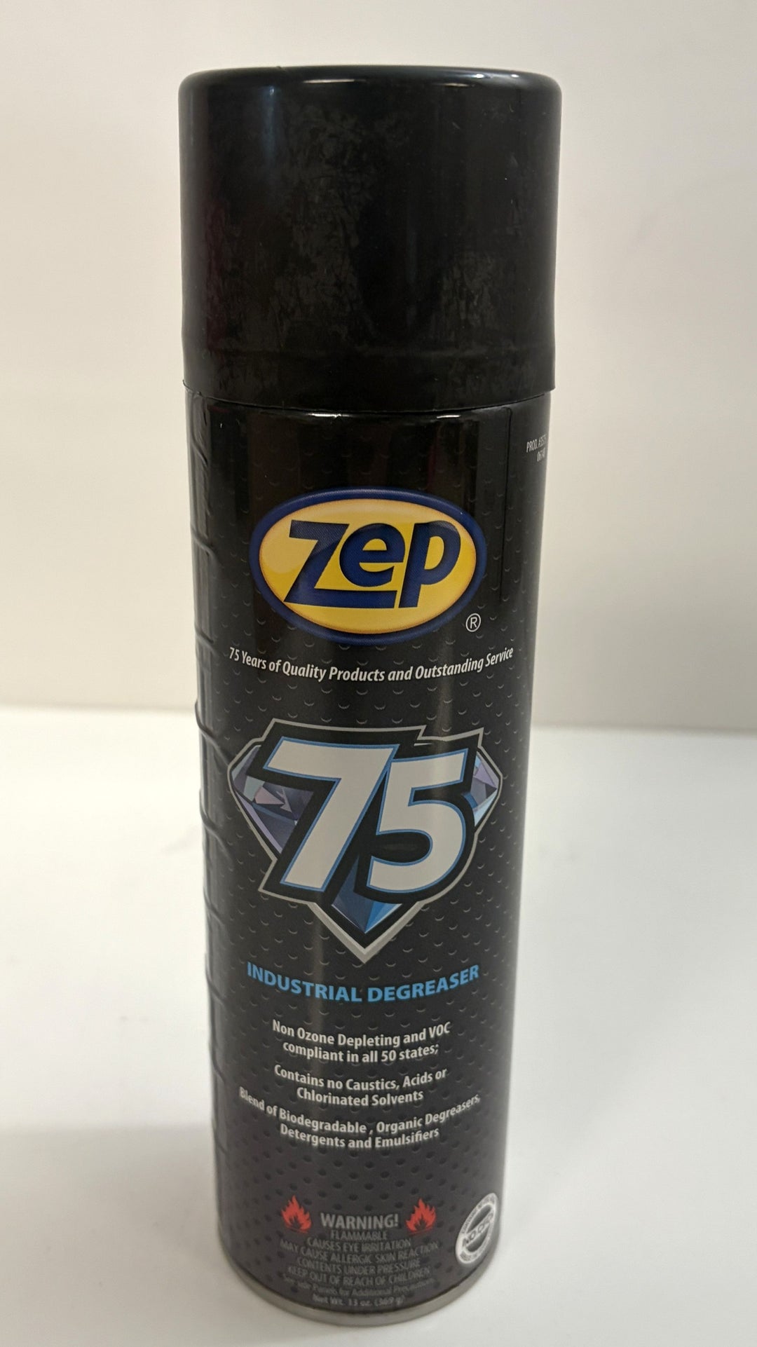 Zep 75 heavy duty industrial degreaser aerosol can in black packaging, formulated to remove grease, oil, tar, and industrial soils