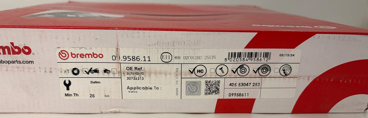 Brembo red and white automotive brake component box labeled 09.9586.11, with technical specifications and barcode