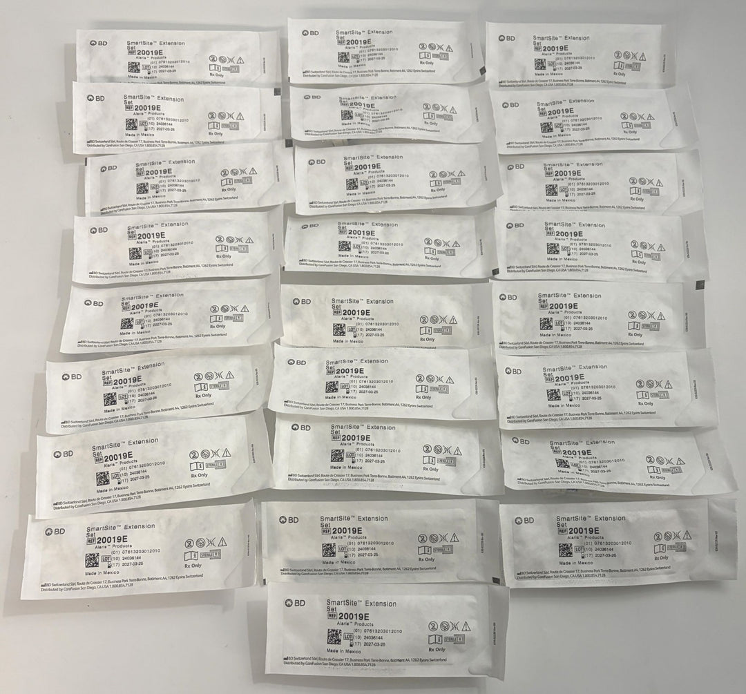 BD 20019E SmartSite smallbore extension sets in individually sealed medical packages, arranged together for healthcare use