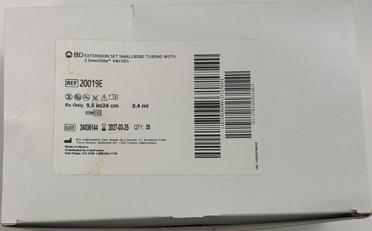 Sealed white BD 20019E smallbore IV extension set box with two SmartSite needle free valves, 25 medical sets, REF 20019E