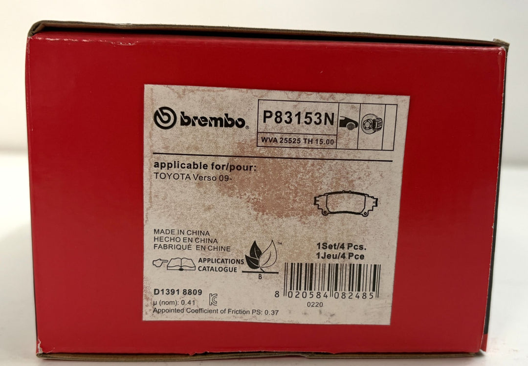 Brembo P83153N automotive brake pad set box for Toyota Verso 2009, featuring red packaging and a brake pad illustration