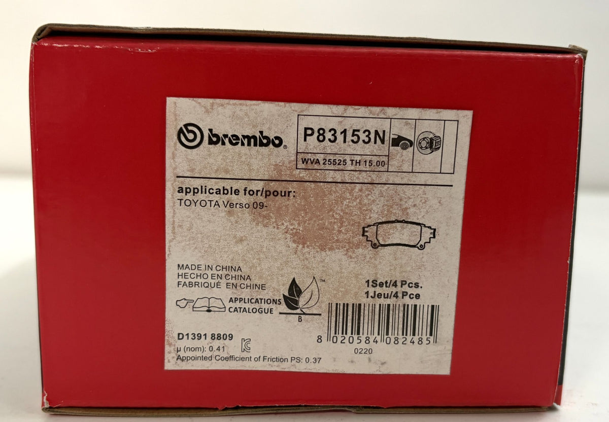 Brembo P83153N automotive brake pad set box for Toyota Verso 2009, featuring red packaging and a brake pad illustration