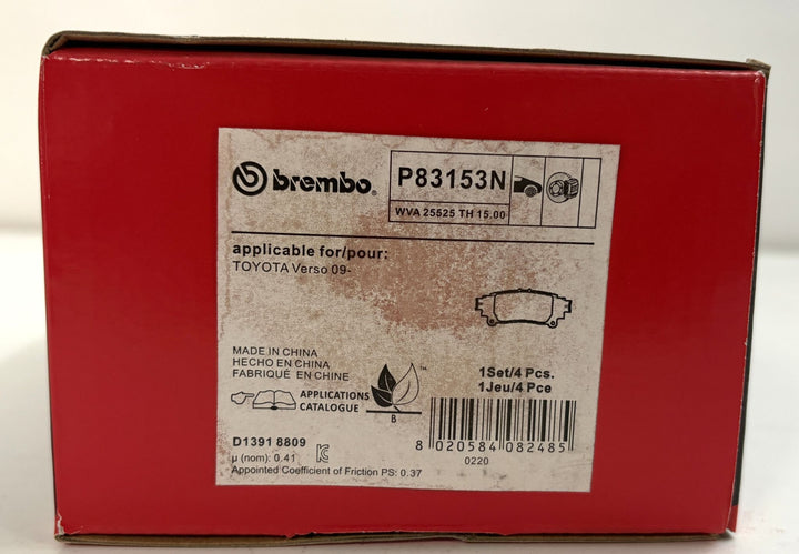 Brembo P83153N automotive brake pad set box for Toyota Verso 2009, featuring red packaging and a brake pad illustration