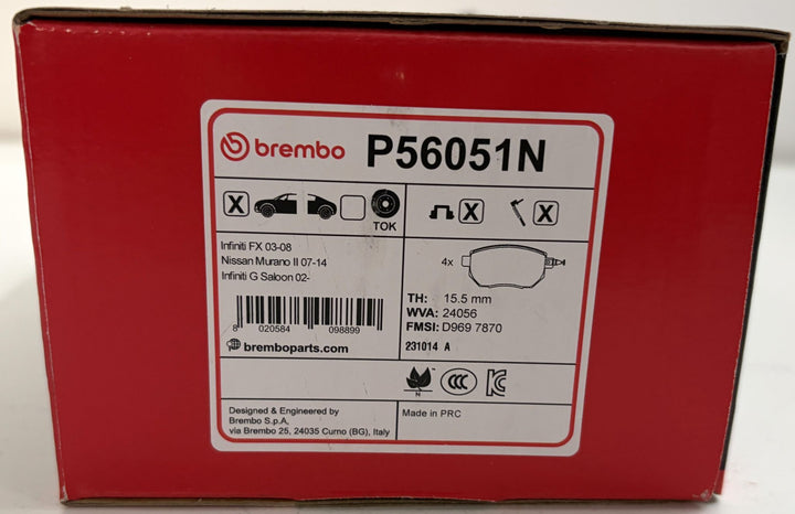 Red Brembo P56051N box for new ceramic front brake pads, labeled for Infiniti FX, Nissan Murano, and Infiniti G vehicles