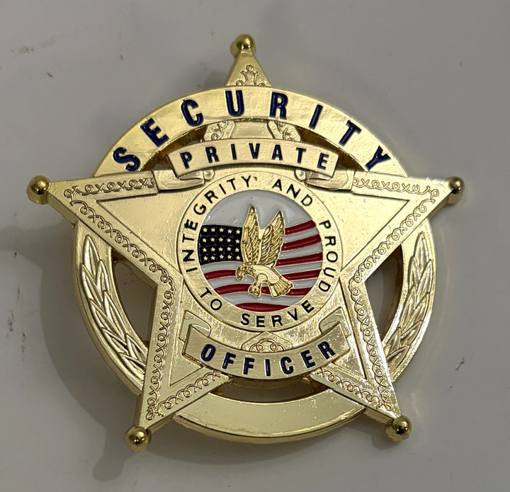 Gold security officer badge with American flag and eagle emblem on a white background