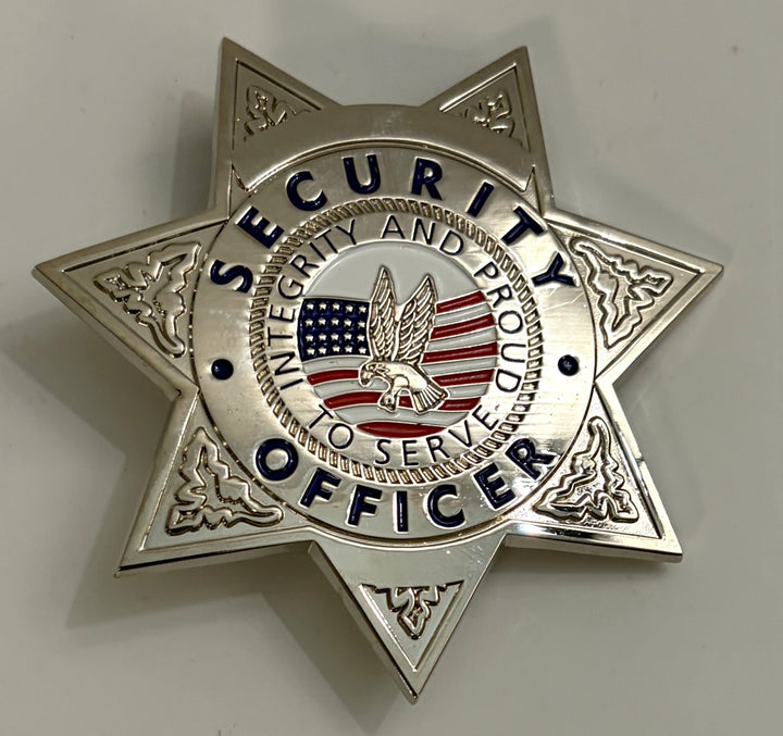 Star-shaped security officer badge with American flag design on a gray background