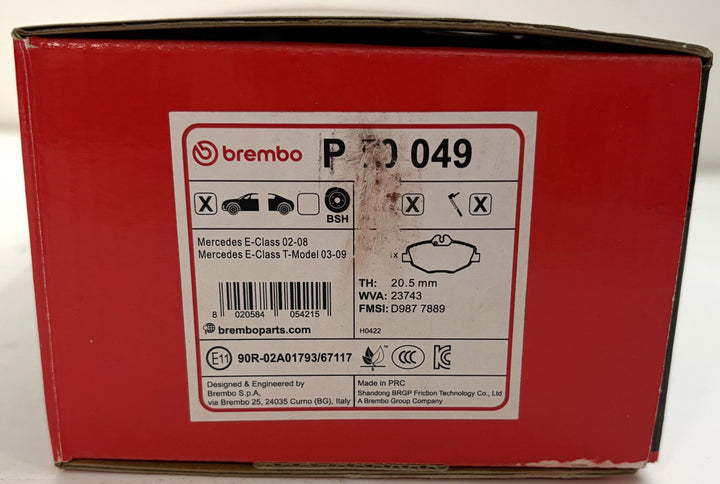 Red Brembo P50049 brake pad box labeled for Mercedes E-Class W210 and W211 models, with pad diagram and automotive part details