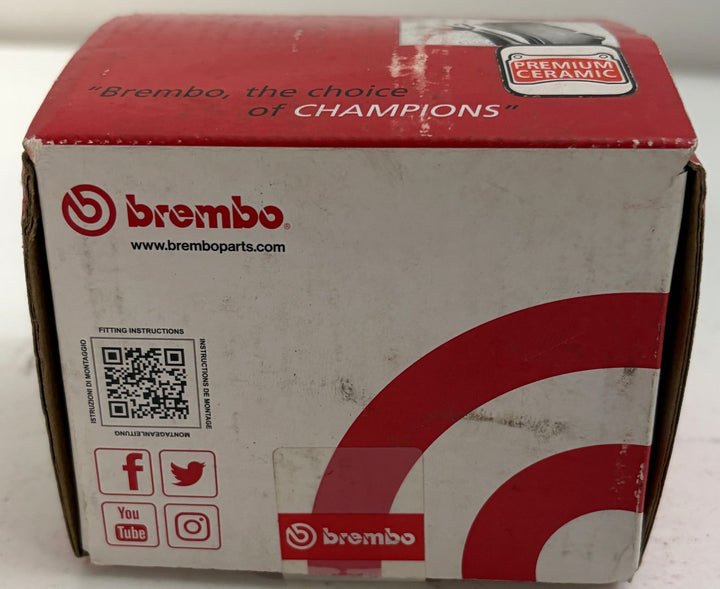 Brembo Premium Ceramic brake pad packaging in red and white, featuring branded graphics, QR code, and social media icons for automotive use.
